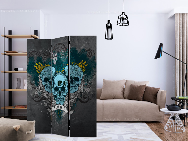 Room Separator Darkness (3-piece) - blue skulls and white flowers on gray background 133277 additionalImage 4