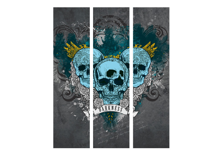 Room Separator Darkness (3-piece) - blue skulls and white flowers on gray background 133277 additionalImage 3
