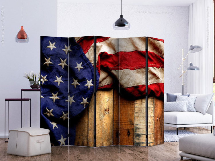 Room Divider Screen American Style II (5-piece) - USA flag on a background of brown wood 133477 additionalImage 2