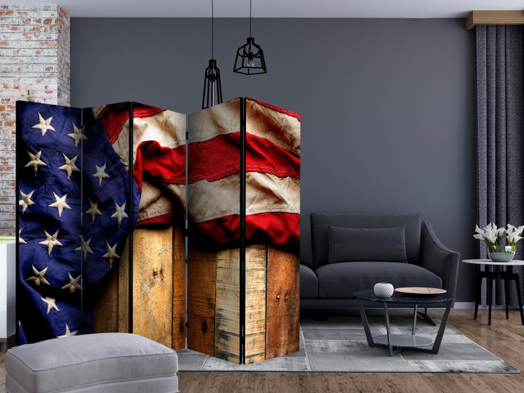 Room Divider Screen American Style II (5-piece) - USA flag on a background of brown wood 133477 additionalImage 4