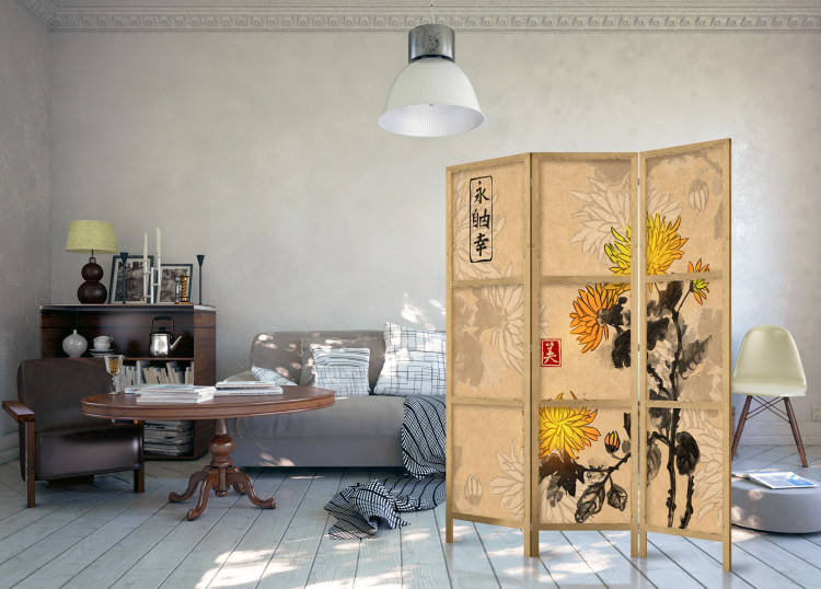 Room Divider Chrysanthemums (3-piece) - romantic flowers inspired by Japan 134277 additionalImage 8