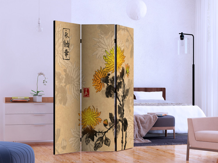 Room Divider Chrysanthemums (3-piece) - romantic flowers inspired by Japan 134277 additionalImage 2