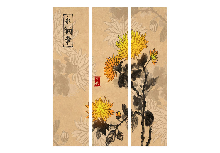 Room Divider Chrysanthemums (3-piece) - romantic flowers inspired by Japan 134277 additionalImage 3