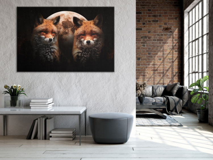 Canvas Print Forest Animals (1-piece) - two foxes and a moon on a black background 144777 additionalImage 3