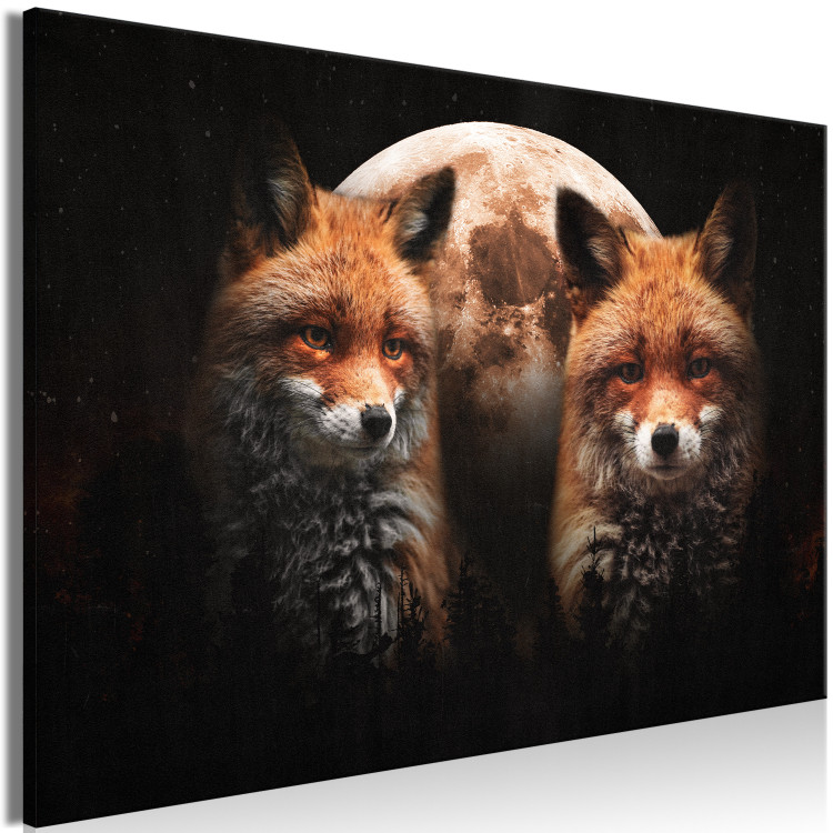 Canvas Print Forest Animals (1-piece) - two foxes and a moon on a black background 144777 additionalImage 2