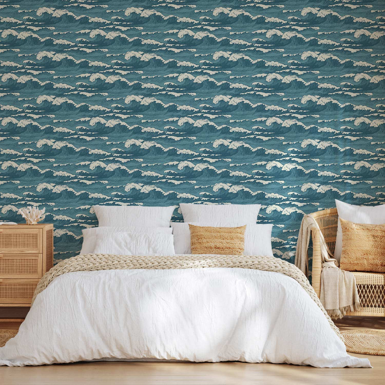 Modern Wallpaper Turquoise Ocean in a Storm - Hand Drawn Waves in Retro Style 149877 additionalImage 4