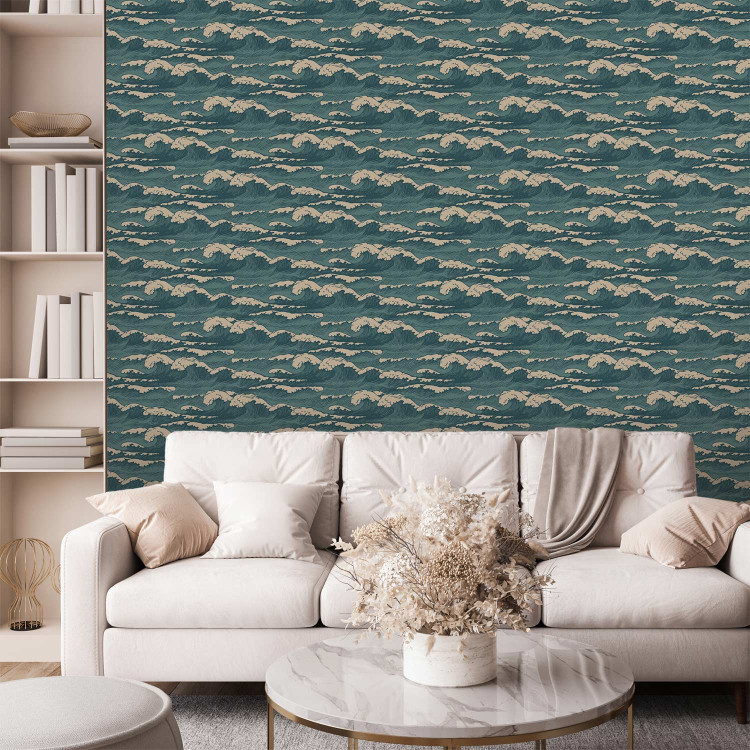 Modern Wallpaper Turquoise Ocean in a Storm - Hand Drawn Waves in Retro Style 149877