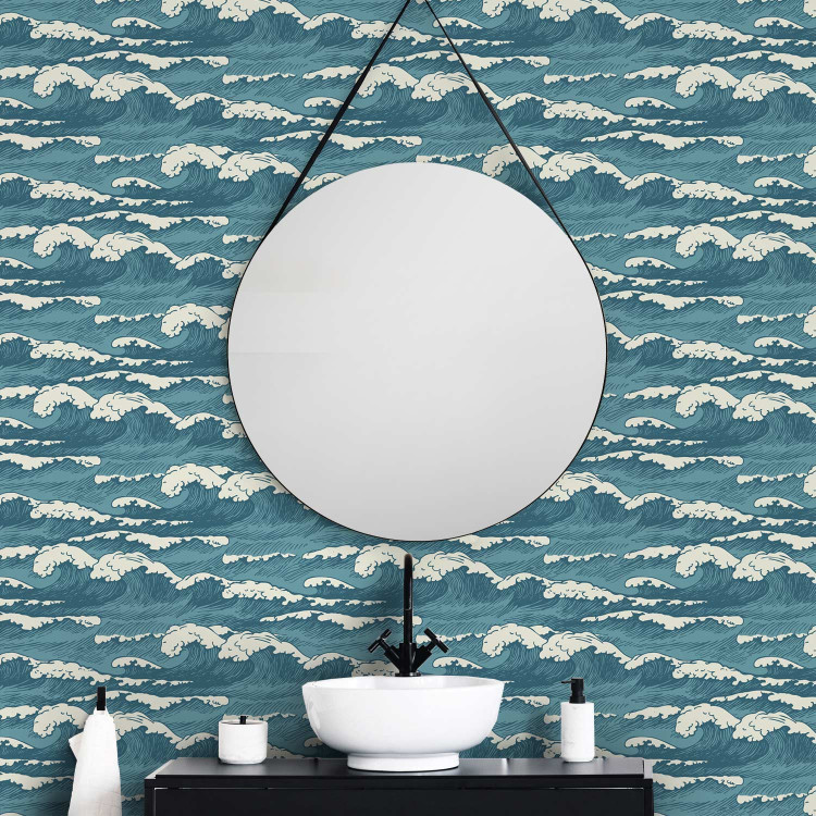 Modern Wallpaper Turquoise Ocean in a Storm - Hand Drawn Waves in Retro Style 149877 additionalImage 10