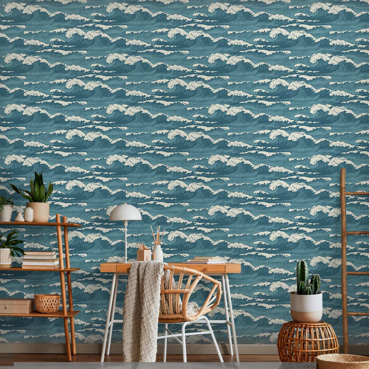 Modern Wallpaper Turquoise Ocean in a Storm - Hand Drawn Waves in Retro Style 149877 additionalImage 5