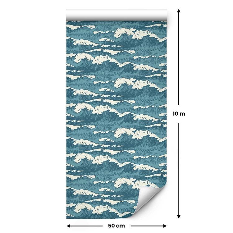 Modern Wallpaper Turquoise Ocean in a Storm - Hand Drawn Waves in Retro Style 149877 additionalImage 2