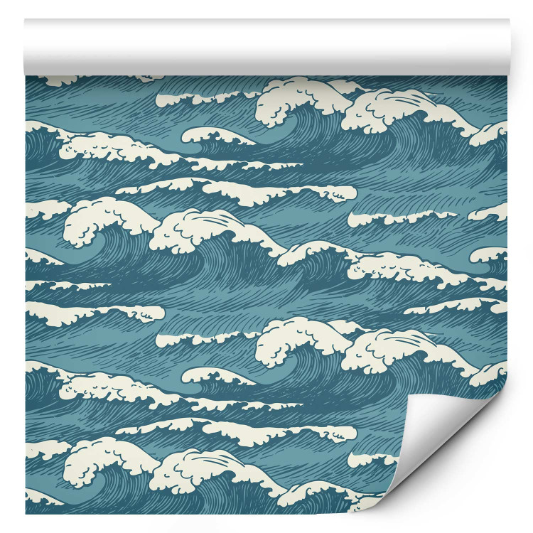 Modern Wallpaper Turquoise Ocean in a Storm - Hand Drawn Waves in Retro Style 149877 additionalImage 6