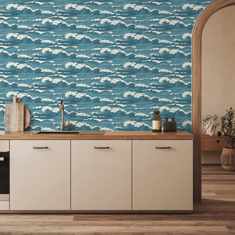 Modern Wallpaper Turquoise Ocean in a Storm - Hand Drawn Waves in Retro Style 149877 additionalImage 8