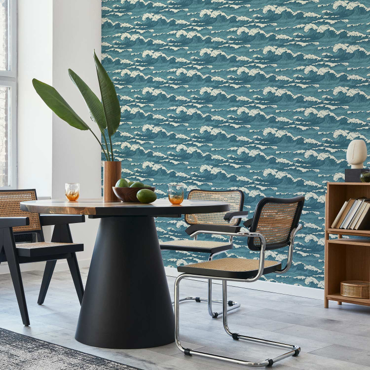Modern Wallpaper Turquoise Ocean in a Storm - Hand Drawn Waves in Retro Style 149877 additionalImage 9
