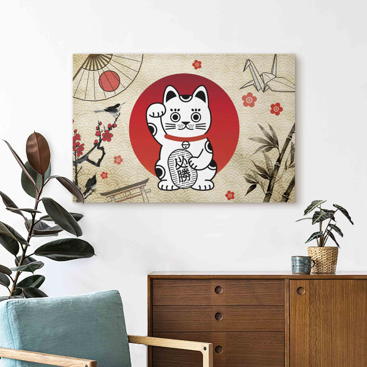 Canvas Art Print Maneki-Neko - Asian Cat With a Nodding Paw Against a Background of Japanese Symbols 151277 additionalImage 5