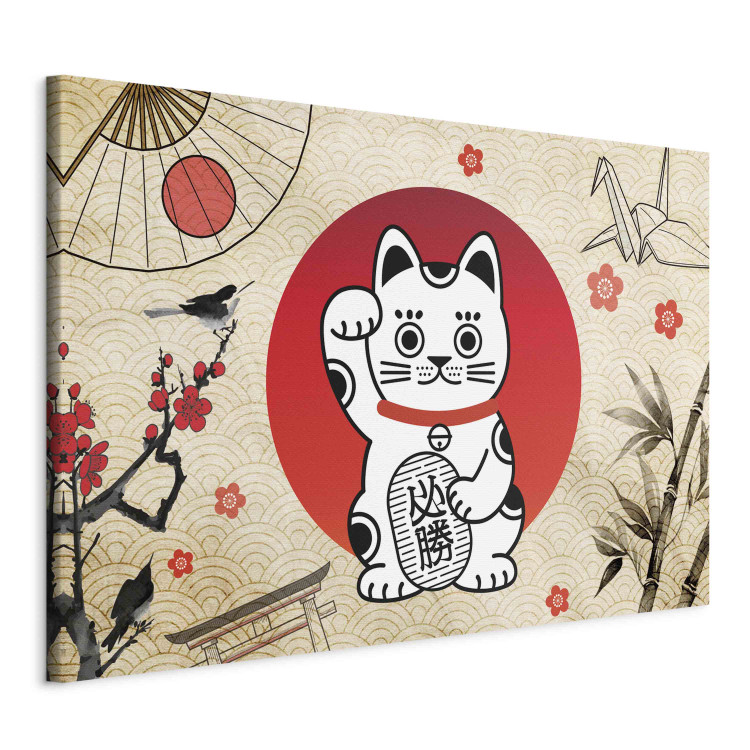 Canvas Art Print Maneki-Neko - Asian Cat With a Nodding Paw Against a Background of Japanese Symbols 151277 additionalImage 2