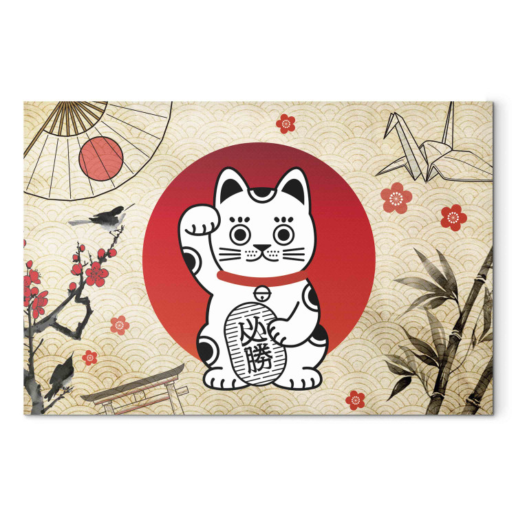 Canvas Art Print Maneki-Neko - Asian Cat With a Nodding Paw Against a Background of Japanese Symbols 151277 additionalImage 7