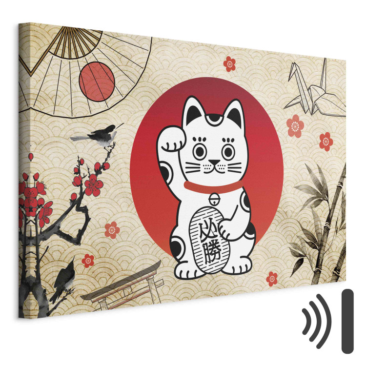Canvas Art Print Maneki-Neko - Asian Cat With a Nodding Paw Against a Background of Japanese Symbols 151277 additionalImage 8
