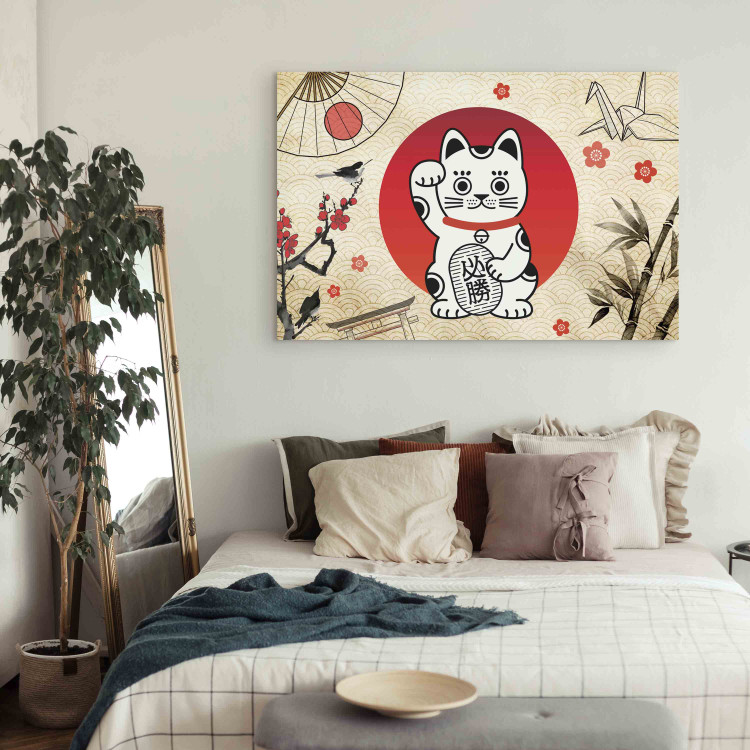 Canvas Art Print Maneki-Neko - Asian Cat With a Nodding Paw Against a Background of Japanese Symbols 151277 additionalImage 3