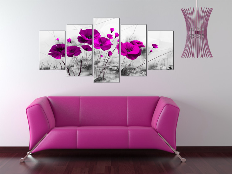 Canvas Print Purple Poppies (5-piece) - Flowers on shades of gray background 48577 additionalImage 3