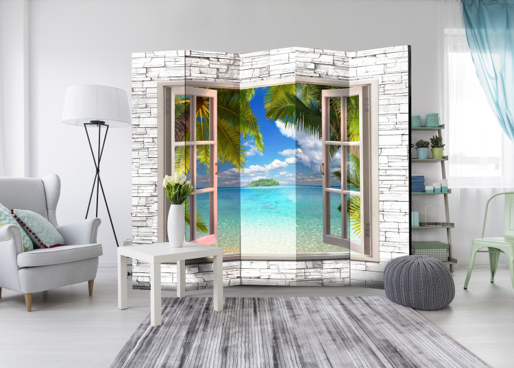 Folding Screen Island of Dreams II - stone texture window with a view of the sea and palm trees 95977 additionalImage 2