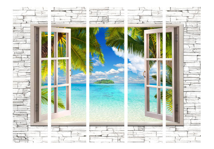 Folding Screen Island of Dreams II - stone texture window with a view of the sea and palm trees 95977 additionalImage 3