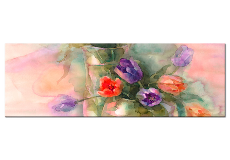 Canvas Art Print Watercolor Tulips - Artistic Vintage Motif of Flowers in a Vase 97977
