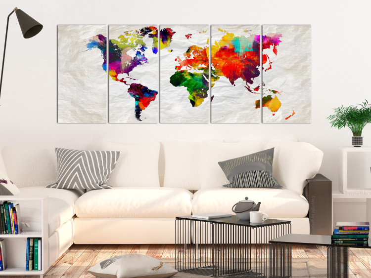 Canvas Art Print Crumpled Map (5-piece) - Colorful World Map on Paper Background 105187 additionalImage 3