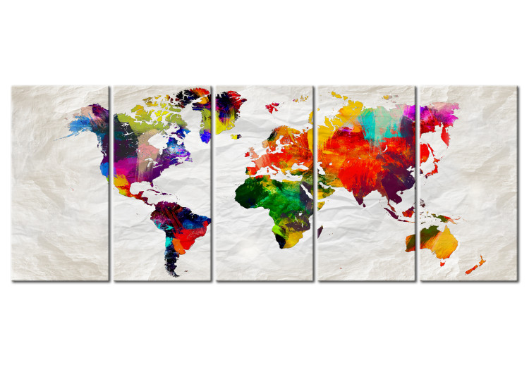 Canvas Art Print Crumpled Map (5-piece) - Colorful World Map on Paper Background 105187
