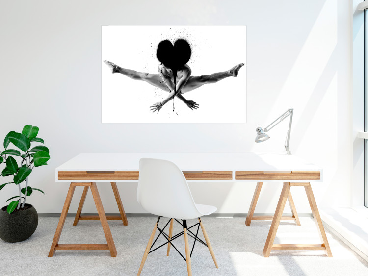 Poster Leap - black and white composition with a man with a heart instead of a face 115187 additionalImage 23