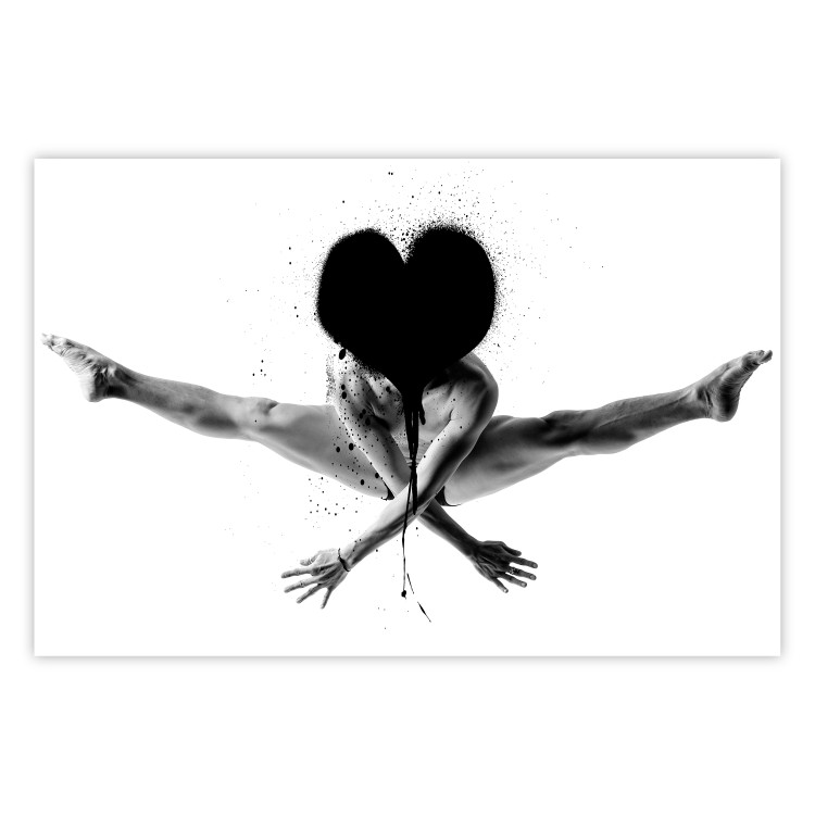 Poster Leap - black and white composition with a man with a heart instead of a face 115187