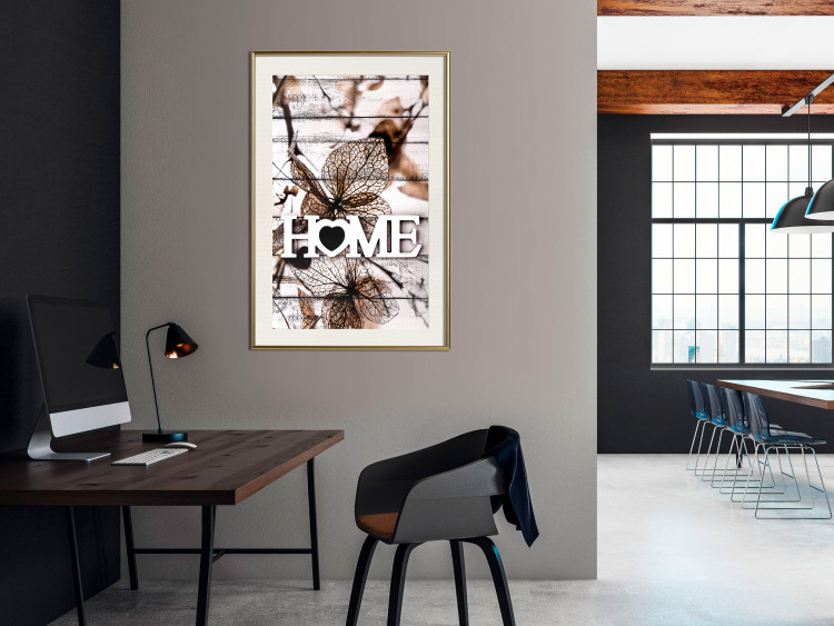 Poster Living Home - autumn composition with a white inscription and flowers in the background 118287 additionalImage 23