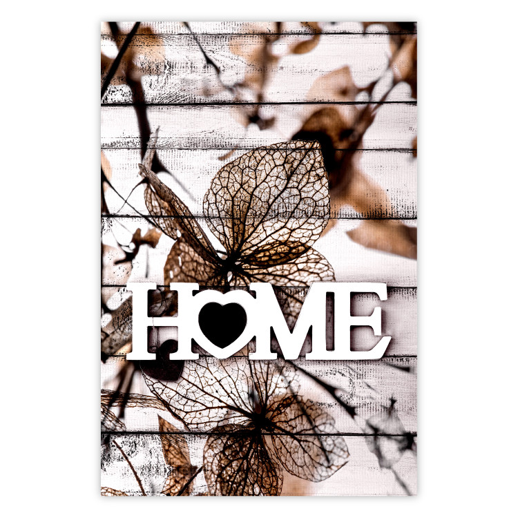 Poster Living Home - autumn composition with a white inscription and flowers in the background 118287