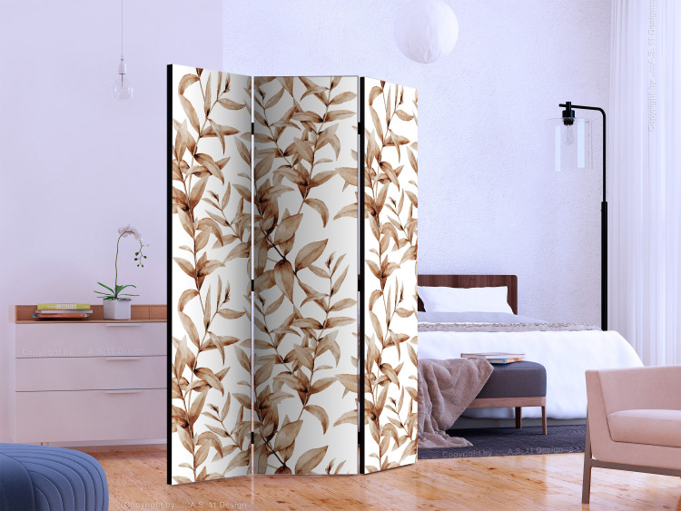 Room Separator Sepia Flora - brown rain of leafy ornaments on a white background 122987 additionalImage 2