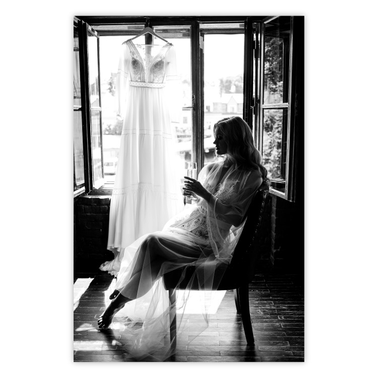 Wall Poster Spell of Love - black and white photograph of a woman against the backdrop of a wedding dress 132287