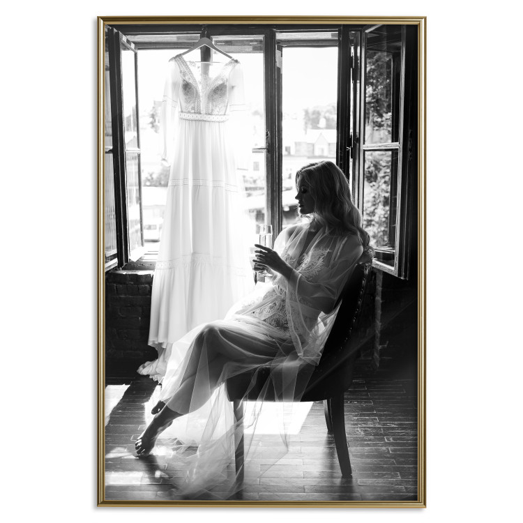 Wall Poster Spell of Love - black and white photograph of a woman against the backdrop of a wedding dress 132287 additionalImage 21