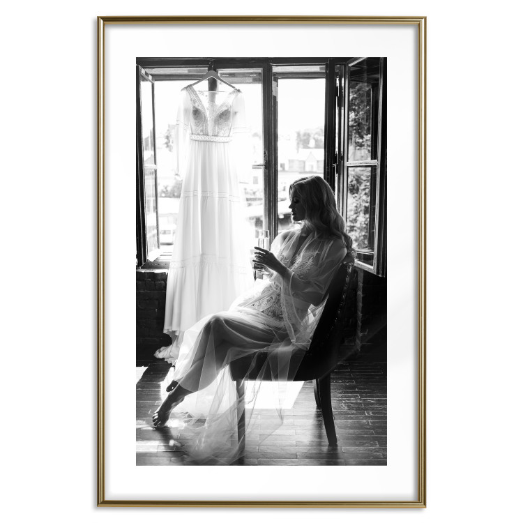 Wall Poster Spell of Love - black and white photograph of a woman against the backdrop of a wedding dress 132287 additionalImage 14