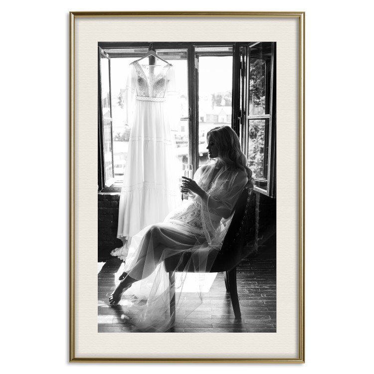 Wall Poster Spell of Love - black and white photograph of a woman against the backdrop of a wedding dress 132287 additionalImage 20