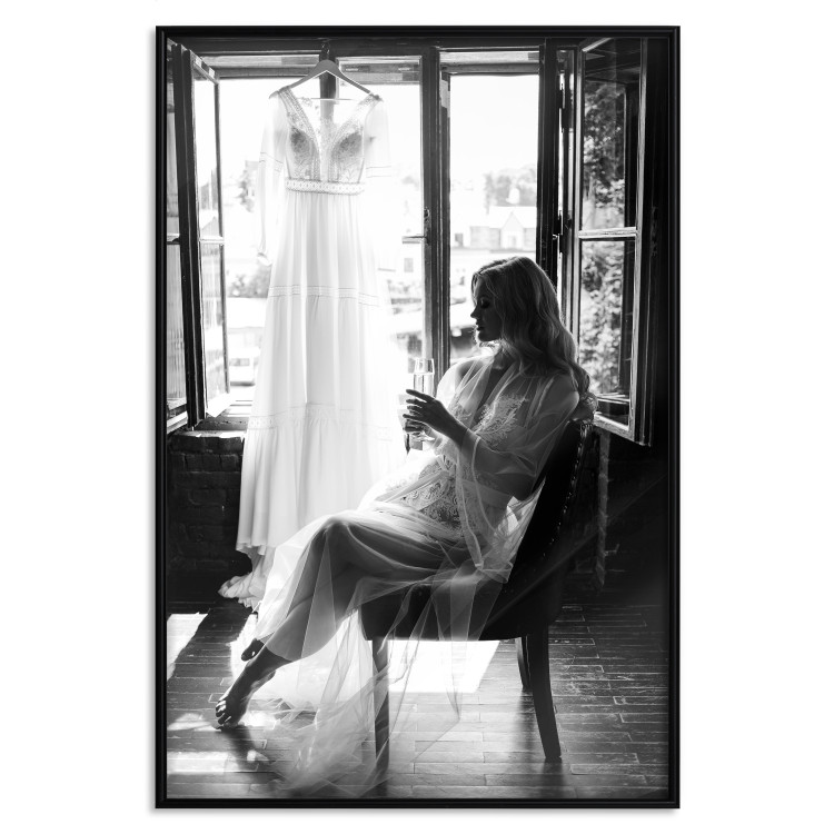 Wall Poster Spell of Love - black and white photograph of a woman against the backdrop of a wedding dress 132287 additionalImage 18