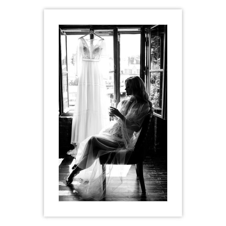 Wall Poster Spell of Love - black and white photograph of a woman against the backdrop of a wedding dress 132287 additionalImage 25