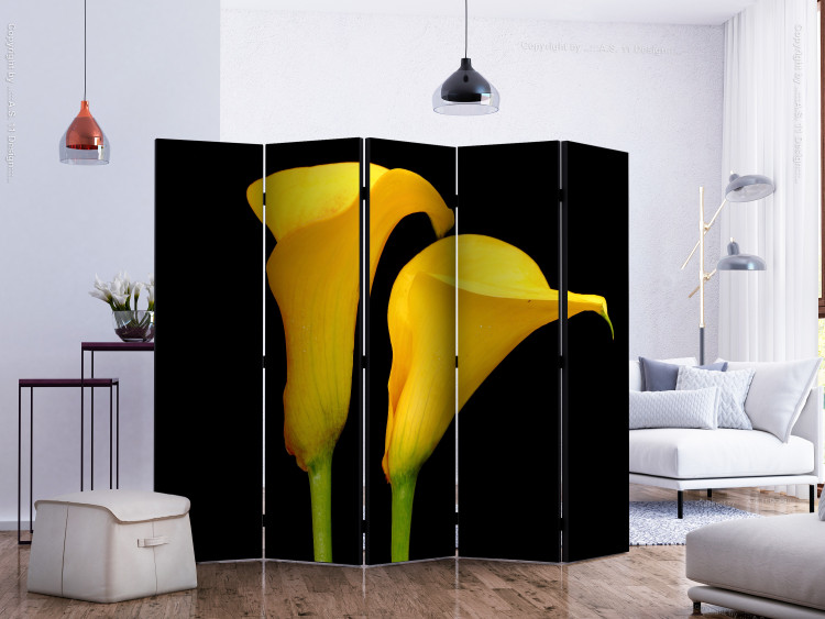 Folding Screen Two Yellow Callas on Black Background II (5-piece) - flower composition 132887 additionalImage 2