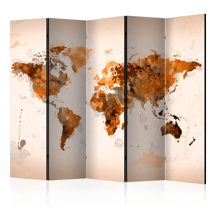 Room Divider Screen World in Browns II (5-piece) - warm watercolor world map 133287