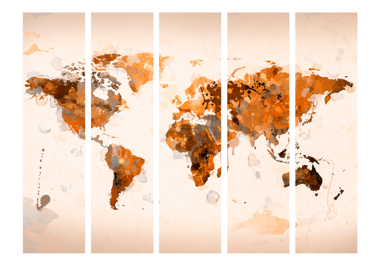 Room Divider Screen World in Browns II (5-piece) - warm watercolor world map 133287 additionalImage 3