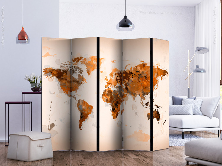 Room Divider Screen World in Browns II (5-piece) - warm watercolor world map 133287 additionalImage 2