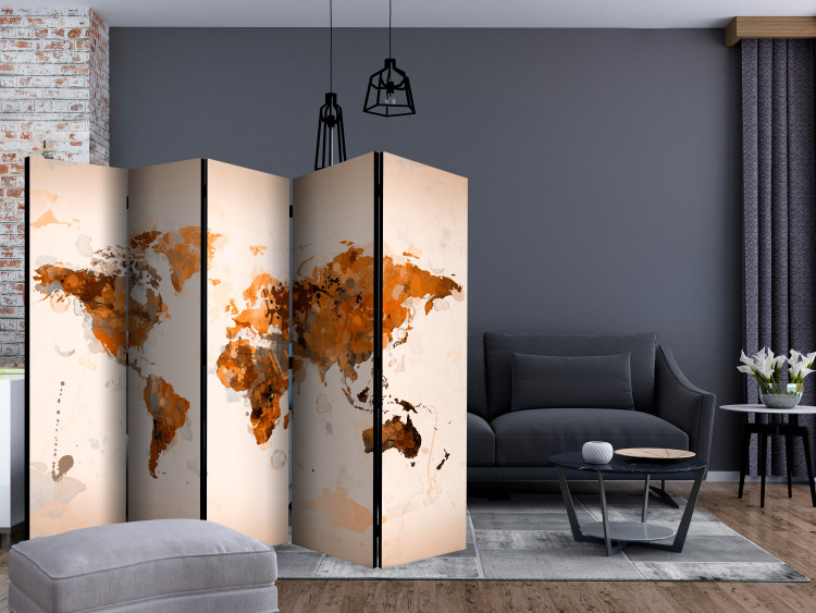 Room Divider Screen World in Browns II (5-piece) - warm watercolor world map 133287 additionalImage 4