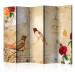 Room Separator Bonjour II (5-piece) - composition with birds and flowers against inscriptions 133387