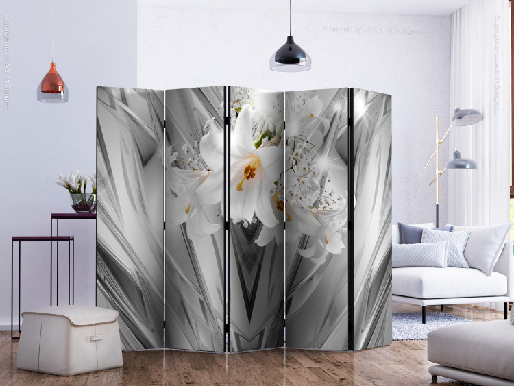 Room Divider Steel Lilies II - flowers of white lilies on luxurious gray background 133687 additionalImage 2