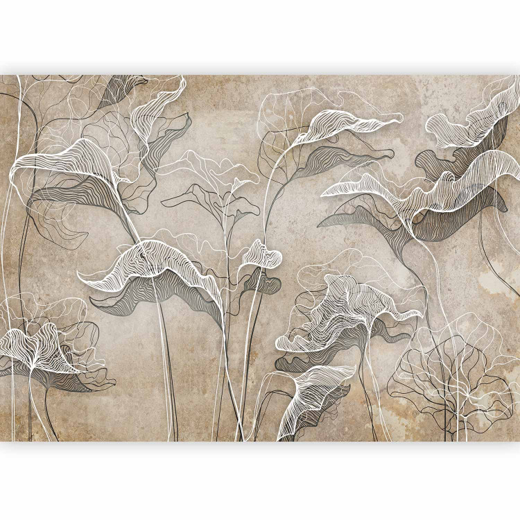 Wall Mural Drawn Nature - White Lineart Leaves Casting Shadow on the Beige Wall 146287 additionalImage 5