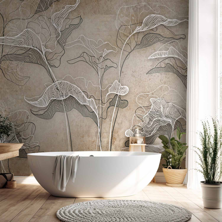 Wall Mural Drawn Nature - White Lineart Leaves Casting Shadow on the Beige Wall 146287 additionalImage 8