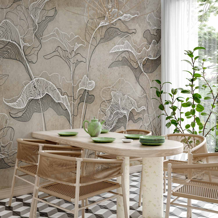 Wall Mural Drawn Nature - White Lineart Leaves Casting Shadow on the Beige Wall 146287 additionalImage 4