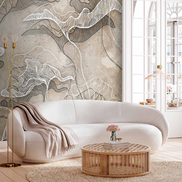 Wall Mural Drawn Nature - White Lineart Leaves Casting Shadow on the Beige Wall 146287
